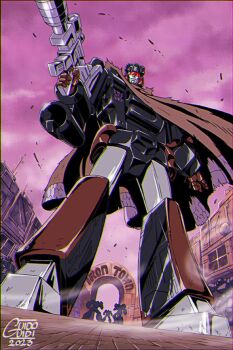 2023 arm_cannon artist_name brown_cloak cloak cloud cloudy_sky decepticon frown guido_guidi gun holding holding_gun holding_weapon kiloton_(transformers) mecha no_humans robot silhouette sky solo_focus transformers transformers_victory weapon wind