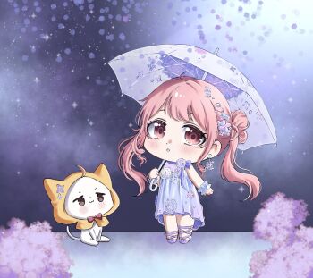 Rule 34 | 1girl, :3, :o, ahoge, animal, bare shoulders, bow, bow choker, bowtie, brown eyes, cat, chibi, choker, cloak, closed mouth, clothed animal, commentary, dot nose, dress, dress flower, ear covers, earrings, english commentary, expressionless, eyelashes, falling petals, flower, flower earrings, frilled wrist cuffs, frills, hair bun, hair flower, hair ornament, happy, highres, holding, holding umbrella, hood, hood up, hooded cloak, humble flowery rain (shining nikki), jewelry, leg ribbon, light blush, long hair, medium dress, momo (nikki), neck flower, night, nikki (nikki), nikki (series), nonoberry22, outdoors, parted lips, petals, pink hair, purple bow, purple bowtie, purple choker, purple dress, purple flower, purple ribbon, purple shoes, purple sky, purple theme, purple umbrella, purple wrist cuffs, red bow, red bowtie, ribbon, shining nikki, shoes, sidelocks, single side bun, sitting, sky, sleeveless, sleeveless dress, standing, star (sky), starry sky, traditional bowtie, twintails, umbrella, umbrella over shoulder, wavy hair, white cat, wrist cuffs, yellow cloak