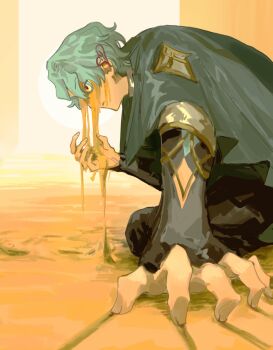 1boy arm_up black_gloves black_pants blue_cape blue_hair cape claw_mark dottore_(genshin_impact) from_side genshin_impact gloves hashtag-only_commentary highres kneeling looking_ahead male_focus mmria0307 pants profile red_eyes sand short_hair solo wide-eyed