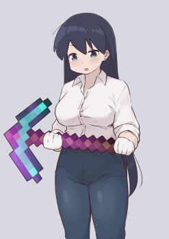 1girl :o absurdres arato_nagi black_hair blue_pants blush breasts collared_shirt ear_piercing earrings gloves grey_background grey_eyes hair_between_eyes highres holding holding_pickaxe jewelry long_hair medium_breasts minecraft minecraft_pickaxe open_mouth painnico pants pickaxe piercing ruri_no_houseki shirt simple_background sleeves_rolled_up solo standing stud_earrings white_gloves white_shirt