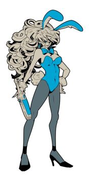 Rule 34 | 1girl, animal ears, bare shoulders, black pantyhose, black shoes, blonde hair, blue bow, blue bowtie, blue leotard, blue nails, bottle, bow, bowtie, breasts, cleavage, covered navel, curly hair, d d work, detached sleeves, dragon quest, dragon quest iii, dress, earrings, full body, gadabout (dq3), hand on own hip, high heels, holding, holding bottle, hoop earrings, jewelry, leotard, long hair, medium breasts, nail polish, pantyhose, playboy bunny, rabbit ears, rabbit tail, shoes, smile, solo, standing, strapless, strapless dress, tail, white background, white wrist cuffs, wrist cuffs