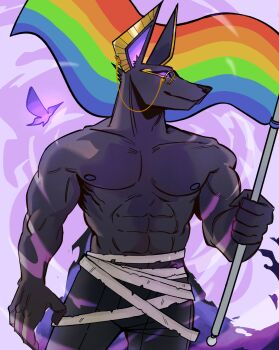 1boy abs animal_ears bara black_pants bug butterfly closed_mouth colored_sclera commentary dislyte drew_(anubis)_(dislyte) english_commentary flag furry furry_male hampaslumpia highres holding holding_flag insect jackal_boy jackal_ears male_focus monocle muscular muscular_male nipples pants pectorals purple_sclera rainbow_flag smile topless_male