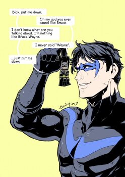 2boys artist_name batman batman_(series) black_bodysuit black_cape black_hair blue_bodysuit bodysuit bruce_wayne cape crossed_arms dc_comics dick_grayson domino_mask english_text evinist eye_mask highres holding large_pectorals lego male_focus mask multicolored_bodysuit multiple_boys muscular muscular_male nightwing pectorals short_hair simple_background smile two-tone_bodysuit yellow_background