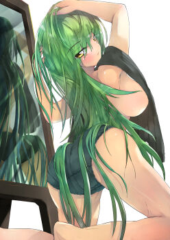 1girl arms_up ass barefoot black_shirt blue_shorts blush breasts c.c. closed_mouth code_geass commentary_request denim denim_shorts full_body green_hair hair_between_eyes hands_on_own_head highres large_breasts long_hair looking_at_viewer looking_back micro_shorts mirror reflection shinji_(nicoseiga_5907489) shirt shorts sideboob solo white_background yellow_eyes