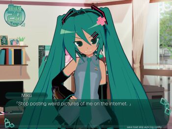 1girl 3d :d anger_vein aqua_eyes aqua_hair aqua_nails aqua_necktie black_boots black_hairband black_skirt blush boots cowboy_shot detached_sleeves dialogue_box english_text grey_shirt grimace hair_ornament hairband hairclip hand_on_own_hip hatsune_miku highres indoors kio_(majin_kz) long_hair looking_at_viewer miniskirt necktie open_mouth pleated_skirt shirt simple_background skirt sleeveless sleeveless_shirt smile solo twintails user_interface very_long_hair visual_novel vocaloid