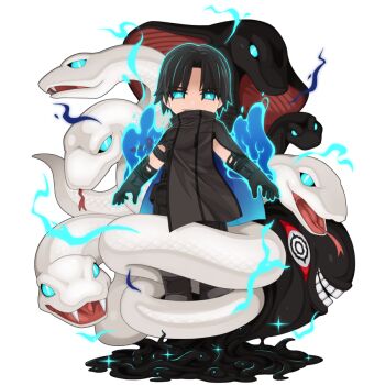 1boy aura black_gloves black_hair black_pants blue_eyes chibi chibi_only cobra_(animal) full_body gloves glowing glowing_eyes grey_cloak looking_at_viewer male_focus official_art open_mouth pants ragnarok_online simple_background snake solo tan_(ragnarok_online) transparent_background white_snake yuichirou