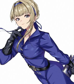 1girl belt black_belt black_gloves blonde_hair blue_dress blue_ribbon blunt_bangs book breasts cleavage closed_mouth collarbone commentary cowboy_shot dress dutch_angle finger_to_own_chin gloves grey_eyes hair_ribbon hand_up high_collar highres holding holding_book large_breasts leather leather_gloves looking_at_viewer merope_(p5x) persona persona_5 persona_5:_the_phantom_x ribbon s-m-53413 short_hair simple_background single_sidelock smile solo white_background