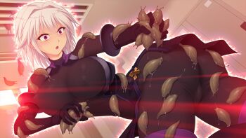 1girl :o arisia_hellioxenes ass blush bodysuit breasts covered_erect_nipples game_cg gloves glowing hair_intakes hallway kourin_tenshi_en_ciel_rena large_breasts large_variant_set non-web_source official_art open_mouth purple_eyes saitou_natsuki short_hair skin_tight slug solo suhamaya tentacles variant_set white_hair