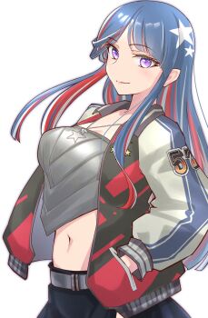 Rule 34 | 1girl, absurdres, blue hair, breasts, commentary request, grey shirt, hands in pockets, highres, jacket, kantai collection, large breasts, long hair, looking at viewer, midriff, multicolored hair, multicolored jacket, navel, official alternate costume, purple eyes, red hair, shirt, simple background, smile, solo, south dakota (kancolle), star (symbol), tsukasa (tukasa br), upper body, white background