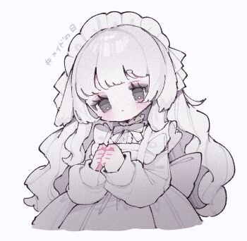 1girl :&lt; apron blush bow bowtie closed_mouth commentary_request cropped_torso dress grey_eyes highres long_hair long_sleeves maid maid_day maid_headdress original simple_background solo upa_papa_co white_apron white_background white_bow white_bowtie white_dress white_hair