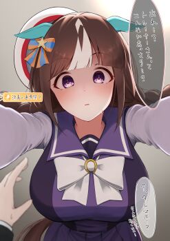 1boy 1girl animal_ears beret black_hair blurry blurry_background blush braid breasts commentary_request empty_eyes hair_ornament hat highres hokko_tarumae_(umamusume) large_breasts long_braid long_hair looking_at_viewer miya_(m9kl) open_mouth pov pov_hands purple_eyes ribbon school_uniform sweatdrop tracen_school_uniform translation_request twin_braids umamusume you_gonna_get_raped