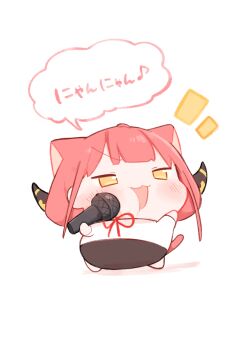 Rule 34 | 1girl, absurdres, animal ears, aru (blue archive), blue archive, cat ears, cat tail, chibi, chibi only, commentary request, demon girl, demon horns, highres, holding, holding microphone, horns, microphone, music, open mouth, red hair, red ribbon, ribbon, simple background, singing, solo, speech bubble, tail, translation request, urode, yellow eyes