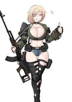 Rule 34 | 1girl, absurdres, belt, black belt, black collar, black gloves, blue shorts, bow, breasts, brown shirt, cleavage, closed eyes, collar, cropped shirt, denim, denim shorts, fallout, fallout 4, fingerless gloves, gloves, gun, gun sling, hair bow, hair ornament, hair over shoulder, hairclip, handgun, high-waist shorts, highres, holding, holding gun, holding weapon, holster, k0ng, long hair, long sleeves, merc-san (k0ng), navel, original, parted lips, pip boy, rifle, shirt, shorts, simple background, smile, sniper rifle, solo, star (symbol), thigh holster, thumbs up, variant set, weapon, white background