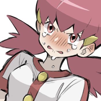 1girl 34capri biting_own_lip blush breasts buttons commentary crying crying_with_eyes_open dutch_angle hair_ornament long_hair medium_breasts nintendo nose_blush pink_eyes pink_hair pokemon pokemon_hgss red_trim shirt short_sleeves simple_background solo tears unhappy upper_body v-shaped_eyebrows white_background white_shirt whitney_(pokemon)