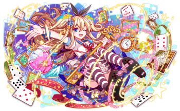 1girl alice&#039;s_adventures_in_wonderland alice_(alice_in_wonderland) alice_(alice_in_wonderland)_(cosplay) alternate_costume alternate_hair_ornament animal_print apron aqua_sailor_collar aqua_skirt aqua_wrist_cuffs back_bow black_footwear black_ribbon blue_eyes blush bottle bow breasts buttoned_cuffs buttons card cel_shading cosplay crash_fever cross-laced_clothes cross-laced_skirt diamond_(shape) diamond_print drink_me drink_me_potion full_body game_cg gradient_ribbon hair_between_eyes hair_ribbon heart holding holding_key horizontal-striped_thighhighs key lace-trimmed_apron lace_trim legs_apart long_hair long_sidelocks medium_breasts miniskirt mobius_(crash_fever) official_alternate_costume official_alternate_hair_ornament official_art one_eye_closed outline oversized_object picture_frame pink_liquid playing_card pocket_watch rabbit_print red_outline red_ribbon ribbon sailor_collar shirt shoe_soles short_sleeves sidelocks skirt sleeve_cuffs solo spade_(shape) star_(symbol) star_print striped_clothes striped_skirt tachi-e transparent_background two-sided_collar two-tone_ribbon two-tone_thighhighs two_side_up underbust usagi_(crash_fever) vertical-striped_clothes vertical-striped_skirt very_long_hair very_long_sidelocks watch wavy_hair white_apron white_shirt wrist_cuffs