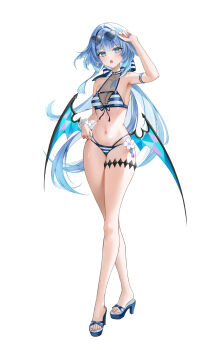 1girl absurdres alternate_costume bikini blue_eyes blue_sandals breasts bright_pupils cerydra_(honkai:_star_rail) cleavage commentary eyewear_on_head floating_hair full_body hasom heart heart-shaped_eyewear highres honkai:_star_rail honkai_(series) long_hair looking_at_viewer navel open_mouth sandals simple_background solo standing stomach sunglasses swimsuit tachi-e thighs white_background white_pupils wings