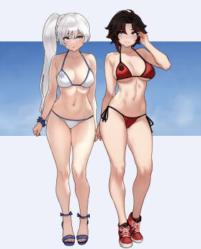 2girls :o absurdres bare_legs bikini bluefield breasts full_body gradient_hair grey_eyes hand_up high_heels highres large_breasts legs medium_breasts multicolored_hair multiple_girls navel parted_lips patreon_username photoshop_(medium) red_bikini red_footwear ruby_rose rwby sandals scar scar_across_eye scar_on_face scrunchie shoes short_hair side-tie_bikini_bottom side_ponytail sneakers standing stomach strappy_heels streaked_hair swimsuit thighs toenails toes twitter_username watermark web_address weiss_schnee white_bikini white_hair wrist_scrunchie