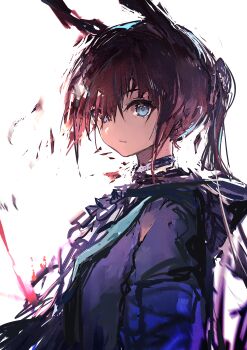 Rule 34 | 1girl, absurdres, amiya (arknights), animal ears, arknights, black jacket, blue eyes, brown hair, closed mouth, commentary, hair over one eye, highres, hood, hood down, hooded jacket, jacket, long hair, ponytail, rabbit ears, simple background, sketch, solo, sudadachi, upper body, white background