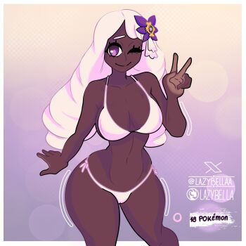 1girl absurdres alternate_breast_size_(larger) artist_request belly bikini blush breasts cleavage cowboy_shot curvy dark-skinned_female dark_skin hair_ornament hand_up highres jacinthe_(pokemon) large_breasts lips long_hair looking_at_viewer low_drills navel nintendo one_eye_closed open_mouth pokemon pokemon_legends:_z-a purple_eyes purple_hair shiny_skin side-tie_bikini_bottom simple_background smile solo swimsuit teeth thong thong_bikini v very_dark_skin very_long_hair white_bikini wide_hips wink