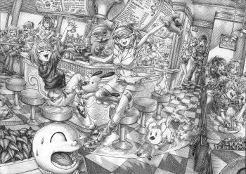 6+girls absurdres akai_haato alternate_costume alternate_hairstyle animal_ears animal_hands bone-shaped_pupils bone_hair_ornament breasts bubba_(watson_amelia) cat_ears cat_tail cleavage cooking diner dust_cloud english_text fake_facial_hair fake_mustache fingerless_gloves fork frying_pan gawr_gura gloves greyscale hair_net hair_ornament halo highres himemori_luna hololive hololive_english hoshimachi_suisei hoso-inu houshou_marine inline_skates interior inugami_korone jacket jqhnharqld large_breasts listener_(inugami_korone) medium_breasts monochrome mori_calliope multiple_girls nanashi_mumei nekomata_okayu ouro_kronii picture_frame ponytail rabbit_ears roller_skates running sakura_miko shiranui_flare shirogane_noel shoes short_twintails skates small_breasts sneakers subaru_duck sweatdrop symbol-shaped_pupils syringe tail takanashi_kiara takodachi_(ninomae_ina'nis) tarantula tongue tongue_out twintails usada_pekora virtual_youtuber waitress watson_amelia