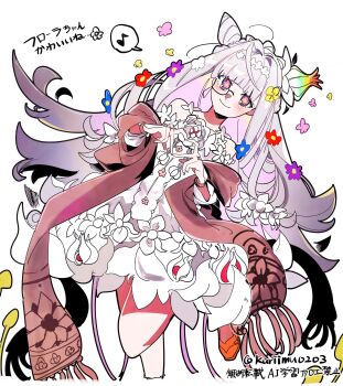 1girl blush commentary_request cone_hair_bun dress fate/grand_order fate_(series) flora_(fate) flower-shaped_pupils glasses hair_bun heart heart_hands highres kuriimu0203 long_hair scarf smile solo symbol-shaped_pupils twitter_username white_dress white_hair