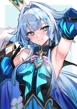 1girl absurdres aqua_eyes arm_up armpits blue_dress blue_sleeves bright_pupils character_request closed_mouth commentary_request copyright_request detached_sleeves diamond-shaped_pupils diamond_(shape) dress grey_hair hair_intakes highres hitomin_(ksws7544) presenting_armpit short_hair_with_long_locks sleeveless sleeveless_dress solo sweat symbol-shaped_pupils upper_body white_pupils
