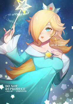 1girl bare_shoulders blonde_hair blue_dress blue_eyes brooch closed_mouth collarbone crown dress earrings eyelashes hair_over_one_eye hand_on_own_chest highres holding holding_wand jewelry long_hair long_sleeves mario_(series) miviy19 nintendo off-shoulder_dress off_shoulder purple_nails rosalina smile solo star_(sky) star_(symbol) star_brooch star_earrings super_mario_galaxy twitter_username upper_body wand