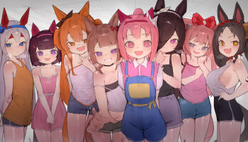 +_+ 6+girls agnes_digital_(umamusume) animal_ears bare_shoulders black_shirt blue_eyes blush bow breasts brown_hair brown_ribbon cowboy_shot denim denim_shorts ear_ribbon fang flat_chest grey_hair hairband haru_urara_(umamusume) highres horse_ears horse_girl large_breasts loli long_hair marvelous_sunday_(umamusume) mayano_top_gun_(umamusume) medium_hair midriff multiple_girls navel nishino_flower_(umamusume) open_mouth oppai_loli orange_eyes orange_hair orange_shirt pajamas pink_eyes pink_hair pink_hairband pink_shirt pointing pointing_at_viewer purple_eyes red_bow ribbon rice_shower_(umamusume) shirt shorts sideboob skin_fang sleeveless sleeveless_shirt strap_slip sweep_tosho_(umamusume) tamamo_cross_(umamusume) tank_top theflatfacadeds twintails