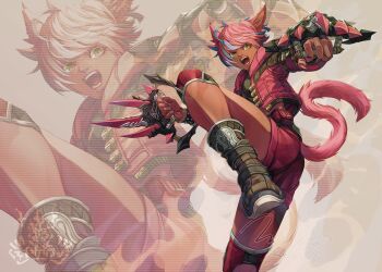 Rule 34 | 1girl, animal ears, blue hair, cat ears, cat tail, commentary request, cropped jacket, dark-skinned female, dark skin, final fantasy, final fantasy xiv, highres, jacket, knee pads, looking at viewer, mihira (tainosugatayaki), miqo'te, multicolored hair, open mouth, pink hair, pink jacket, red shorts, short hair, shorts, slit pupils, solo, standing, standing on one leg, streaked hair, tail, yaana (ff14), yellow eyes, zoom layer