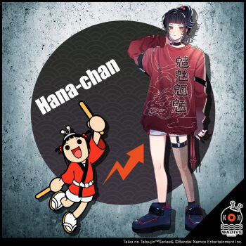 2girls alternate_art_style arm_behind_head armband arrow_(symbol) artist_request bandai_namco black_armband black_eyes black_garter_straps black_shoes black_socks blue_background blunt_bangs blush circle closed_mouth commentary_request copyright_name copyright_notice dot_nose dragon dragon_print drawstring drop_shadow drumsticks dual_persona dual_wielding eastern_dragon english_text frown full_body garter_straps hachimaki hair_bobbles hair_ornament half_updo happi headband high_ponytail highres holding holding_drumsticks japanese_clothes legs_apart looking_at_viewer multicolored_hair multiple_girls nejiri_hachimaki obi official_art open_mouth ponytail print_sweater red_hair red_happi red_sleeves red_sweater sandals sash second-party_source see-through_clothes see-through_thighhighs seigaiha shoes shorts sidelocks single_sleeve_past_wrist single_thighhigh single_vertical_stripe sleeve_cuffs sneakers socks solid_circle_eyes streaked_hair striped_clothes striped_sleeves sweater tabi taiko_no_tatsujin taiko_sticks takahashi_hana takahashi_hana_(wadiverse) tassel text_print thighhighs three-quarter_sleeves translation_request two_side_up velcro_shoes vertical-striped_clothes vertical-striped_sleeves white_headband white_sash white_shorts white_socks yellow_eyes yellow_sandals zouri