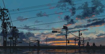 blue_sky cloud cloudy_sky commentary english_commentary evening gradient_sky highres hisachan55cute lake no_humans orange_sky original pixel_art power_lines scenery sky sunset traffic_light
