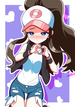 1girl absurdres black_vest blue_eyes blush border brown_hair closed_mouth commentary_request exposed_pocket hands_up hat heart heart_hands highres hilda_(pokemon) long_hair nintendo open_clothes open_vest outline outside_border pokemon pokemon_bw purple_background shirt shorts sidelocks sleeveless sleeveless_shirt solo todeu_(cool8254) vest white_border white_hat white_shirt wristband