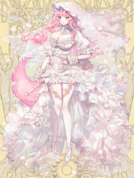 1girl :o animal_ears ankle_garter ankle_strap arm_at_side blunt_bangs bow breasts bridal_gauntlets bridal_veil bride bubble cleavage clona collar dairoku_ryouhei dress dress_bow earrings floppy_ears flower_trim fox_ears fox_girl fox_tail frilled_collar frilled_dress frilled_sleeves frills full_body gem heterochromia high-low_dress high-low_skirt high_heels highres holding holding_sword holding_weapon jewelry large_breasts long_dress long_hair looking_at_viewer osakabe_risuno pink_gemstone pink_hair puffy_short_sleeves puffy_sleeves purple_eyes reverse_grip short_sleeves solo standing sword tail thighhighs veil wavy_hair weapon wedding_dress white_bow white_bridal_gauntlets white_collar white_dress white_footwear white_thighhighs wrist_cuffs yellow_background yellow_eyes