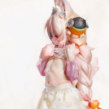 1girl animal_ear_fluff animal_ears animal_hands animal_nose blush body_fur braid breasts clothes_lift furry furry_female highres lifting_own_clothes loli long_hair navel nipple_slip nipples pink_shirt rabbit_ears rabbit_girl rabbit_tail red_eyes shirt shirt_lift skirt small_breasts solo stomach sweetonedollar tail upper_body very_long_hair white_hair white_skirt zenless_zone_zero zhao_(zenless_zone_zero)