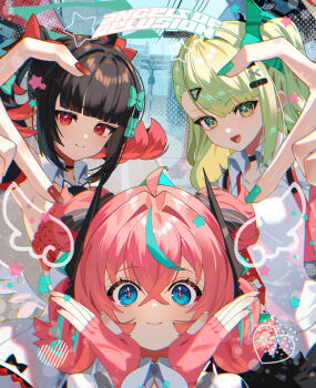 Rule 34 | 3girls, angels of delusion, aqua hair, aqua streaks, aria (zenless zone zero), armpits, bandaid, bandaid hair ornament, black bow, black choker, black hair, black skirt, blue eyes, bow, choker, closed mouth, collarbone, colored inner hair, commentary request, crossed bangs, detached sleeves, fingerless gloves, gloves, green eyes, green hair, green nails, hair between eyes, hair bow, hair ornament, heart, heart hair ornament, heart hands, heart hands trio, multicolored hair, multiple girls, multiple hair clips, nangong yu, necktie, open mouth, pink gloves, ponytail, red eyes, red nails, red necktie, scottie (phantom2), shirt, short twintails, skirt, smile, star (symbol), streaked hair, sunna (zenless zone zero), twintails, white shirt, zenless zone zero