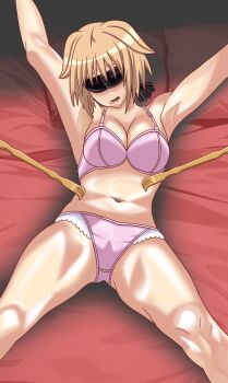 1girl animated animated_gif armpits backscratcher bdsm belly bikini blindfold blonde_hair bob_cut bondage bound bound_arms bra breasts choppy_bangs female_focus hair_flaps highres large_breasts lying midriff molestation navel on_back panties pink_bikini pink_bra pink_panties poking seiki-chan49 seikon_no_qwaser short_hair solo stomach sweat swimsuit teasing teresa_beria thick_thighs thighs tickle_torture tickling tickling_stomach underwear underwear_only variant_set very_sweaty