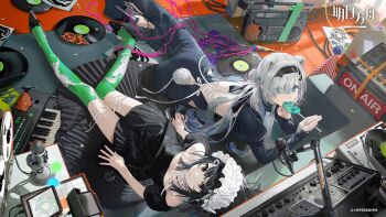 2girls animal_ears aqua_eyes arknights aurora_(arknights) backless_dress backless_outfit bear_ears bear_girl bear_tail black_dress black_eyes black_hair black_hairband black_shoes blue_eyes boombox bow candy coin commentary copyright_name copyright_notice dress eating electric_organ food footwear_bow frilled_hairband frills from_above green_thighhighs grey_hair hairband high_heel_sandals high_heels highres holding holding_candy holding_food holding_lollipop instrument jewelry juliet_sleeves keyboard_(instrument) knees_together_feet_apart la_pluma_(arknights) lal!role lollipop long_sleeves looking_at_viewer lying microphone microphone_stand multiple_girls official_art on_side organ_(instrument) over-kneehighs party_popper phonograph puffy_sleeves ribbon ring sandals see-through_strap shaped_lollipop shoes streamers tail thighhighs turntable vinyl_record white_hairband white_ribbon zettai_ryouiki