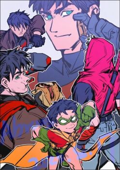 abraxas bat_signal batman_(series) batman_symbol black_bodysuit black_hair bodysuit brown_jacket dc_comics domino_mask eye_mask gloves grey_bodysuit jacket jason_todd male_focus mask multicolored_bodysuit multiple_boys muscular muscular_male open_clothes pants red_hood_(dc) red_hood_and_the_outlaws red_mask robin_(dc) short_hair superhero_costume taut_bodysuit two-tone_bodysuit