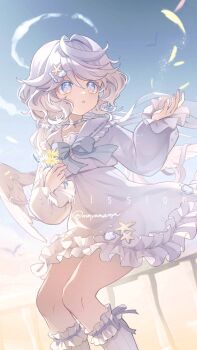 1girl blue_bow blue_bowtie borrowed_character bow bowtie choker collarbone commentary_request commission day dress feathered_wings feet_out_of_frame flower frilled_dress frilled_socks frills hair_between_eyes hand_up highres holding holding_flower kneehighs long_hair long_sleeves momoyama_momo open_mouth original outdoors sailor_collar sailor_dress sitting skeb_commission socks solo twitter_username white_choker white_dress white_hair white_sailor_collar white_socks wings