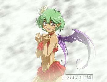 1girl artist_name bad_id bare_arms bat_wings bikini bikini_skirt breasts breasts_squeezed_together cowboy_shot dark-skinned_female dark_skin flower fog frilled_bikini frills from_side green_hair grin hair_flower hair_ornament hands_up jewelry looking_at_viewer looking_to_the_side medium_breasts midriff navel original pointy_ears purple_eyes purple_wings red_bikini ring smile solo studio_yuunagi swimsuit underboob watermark white_flower wings