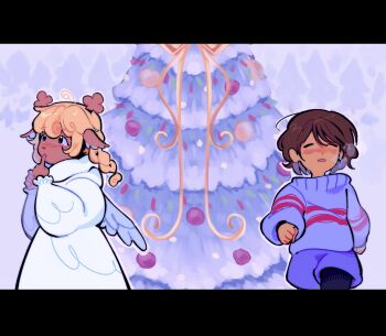 1girl 1other ahoge animal_ears antlers blue_shorts blue_sweater braid brown_hair christmas_ornaments christmas_tree commentary deer_antlers deer_ears deer_girl double_horizontal_stripe english_commentary finger_to_mouth frisk_(undertale) furry furry_female highres hooded_robe horns im_vess letterboxed long_hair long_sleeves noelle_holiday puff_of_air robe short_hair shorts striped_clothes striped_sweater sweater twin_braids undertale utdr_(toby_fox) white_robe white_wings wings