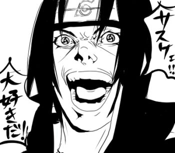 Rule 34 | 1boy, death note, erichika, god of the new world, greyscale, laughing, lowres, male focus, monochrome, naruto (classic), naruto (series), parody, portrait, realistic, sharingan, solo, translated, uchiha itachi, v-shaped eyebrows, yagami light