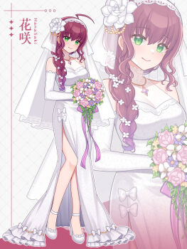 1girl ahoge bare_shoulders bouquet braid breasts character_name closed_mouth commentary_request copyright_request dress elbow_gloves flower gloves green_eyes hair_flower hair_ornament hair_over_shoulder hairband high_heels highres hitsuki_rei holding holding_bouquet long_hair medium_breasts pink_flower pink_rose purple_flower purple_hair rose see-through_cleavage see-through_clothes shoes single_braid smile solo very_long_hair virtual_youtuber wedding_dress white_dress white_flower white_gloves white_hairband white_shoes yellow_flower zoom_layer