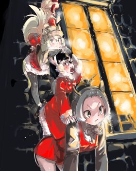 4girls :< :t all_fours alternate_costume animal_ears arm_rest arm_up beanie bent_over biba! bird_tail black_hair blonde_hair breath capelet carrying cat_(kemono_friends) cat_ears cat_girl cat_tail chicken_(kemono_friends) closed_mouth coat commentary_request dog_ears donkey_(kemono_friends) donkey_ears dress earmuffs ears_through_headwear extra_ears facing_away fur-trimmed_skirt fur-trimmed_sleeves fur_trim furry grey_eyes grey_hair hair_between_eyes hat head_wings highres kemono_friends long_hair looking_ahead looking_at_viewer looking_to_the_side medium_hair multicolored_hair multiple_girls open_mouth outdoors parody plaid_clothes plaid_skirt red_coat red_hair shirt siberian_husky_(kemono_friends) sitting sitting_on_person skirt standing standing_on_person tail thighhighs town_musicians_of_bremen two-tone_hair v-shaped_eyebrows white_hair window wings winter_clothes yellow_eyes zettai_ryouiki