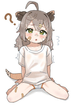 1girl ? ahoge arm_support bandaid bandaid_on_cheek bandaid_on_face bandaid_on_knee bandaid_on_leg bandaid_on_nose barefoot blush borrowed_character brown_hair collarbone crossed_bangs flat_chest flying_sweatdrops full_body green_eyes hair_ornament hairclip horns loli long_hair looking_at_viewer macci_(possummachine) medium_hair no_pants open_mouth original panties parted_lips shirt short_sleeves simple_background sitting solo spread_legs t-shirt tail tearing_up tears trembling underwear wariza white_background white_panties white_shirt youyoukai