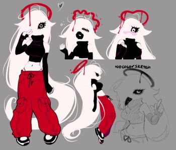 1girl 2024 aniversarioart arm_at_side baggy_pants black_gloves black_panties black_sclera black_shirt black_shoes bloody_halo blush character_profile closed_eyes colored_sclera colored_skin elbow_gloves female_focus fingerless_gloves floating gloves grey_background halo kami_(aniversarioart) long_hair looking_at_viewer midriff multiple_expressions multiple_views nervous original panties pants red_pants shirt shoes sleeveless sleeveless_shirt sneakers turtleneck underwear v very_long_hair white_eyes white_hair white_skin yawning