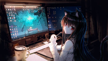 1girl animal_ear_fluff animal_ears artist_self-insert at_computer bare_shoulders black_choker black_hair blush cable cat_ears cat_girl cat_tail chair choker closed_mouth coffee coffee_mug collarbone commentary_request computer computer_keyboard computer_mouse corrupted_metadata cup curtains desk drawing_tablet dress_shirt female_focus hair_between_eyes highres indoors long_hair long_sleeves looking_at_viewer monitor mousepad_(object) mug night off_shoulder original photo_background red_eyes shirt sidelocks solo stylus table tail tail_raised white_shirt xing xingye_(xing)