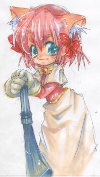 1girl 2000s_(style) absurdres acolyte_(ragnarok_online) animal_ear_fluff animal_ears blue_eyes blush_stickers bow capelet cat_ears cat_girl chou_magiru closed_mouth club_(weapon) commentary_request cowboy_shot fang fang_out gloves hair_bow highres holding holding_club holding_weapon long_sleeves looking_at_viewer marker_(medium) pink_hair pink_shirt ragnarok_online red_bow shirt short_hair simple_background skirt smile solo thick_eyebrows traditional_media weapon white_background white_capelet white_gloves white_skirt