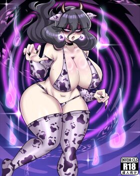 1girl animal_ears animal_print bikini black_nails breasts cow_ears cow_girl cow_horns cow_print cow_print_bikini cow_print_gloves cow_print_thighhighs eyelashes eyeshadow female_focus fingerless_gloves fingernails gloves glowing glowing_eyes half-closed_eyes hex_maniac_(pokemon) hex_maniac_(pokemon_legends:_z-a) highres horns huge_breasts invdrcls long_fingernails long_hair looking_at_viewer makeup micro_bikini navel nintendo pale_skin pokemon pokemon_legends:_z-a print_bikini print_gloves print_thighhighs purple_background purple_eyeshadow shiny_skin solo swimsuit thick_thighs thighhighs thighs wide_hips