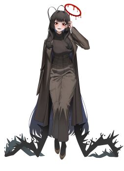 1girl :d absurdly_long_hair absurdres alternate_costume antenna_hair black_hair black_shirt black_wings blood blood_halo blue_archive blunt_bangs blush bra_visible_through_clothes breasts brown_coat brown_shoes brown_skirt casual coat earrings full_body hair_behind_ear hair_intakes halo hand_up high-waist_skirt high_heels highres jaffna jewelry large_breasts liquid_halo long_hair long_skirt long_sleeves looking_at_viewer open_clothes open_coat open_mouth pumps red_eyes red_halo sharp_teeth shirt shoes sidelocks simple_background skirt smile solo standing straight-on stud_earrings teeth tsurime tsurugi_(blue_archive) turtleneck upper_teeth_only very_long_hair white_background wings winter_clothes